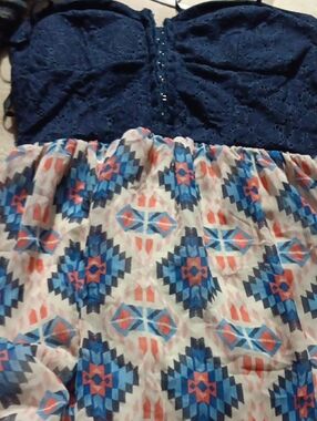 Navy & Multicolor Lace Bodice Aztec Print Dress